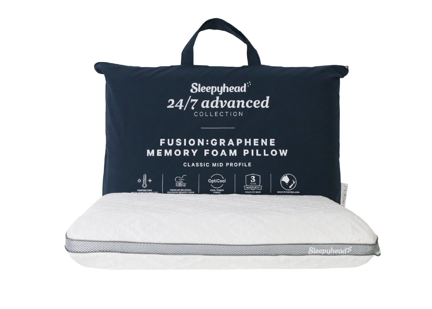 A Sleepyhead 24/7 Advanced Memory Foam Pillow shown with its navy blue carrying bag on a plain white background.