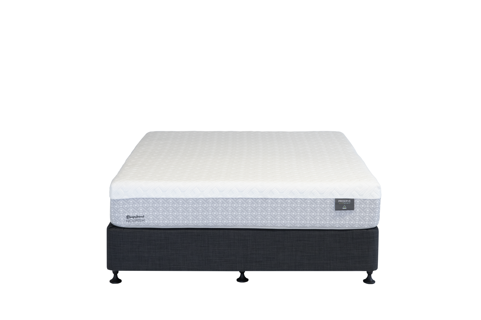 A Sleepyhead mattress on a dark upholstered box spring with small feet, shown against a plain white background. The mattress has a white quilted top and a patterned gray side panel.
