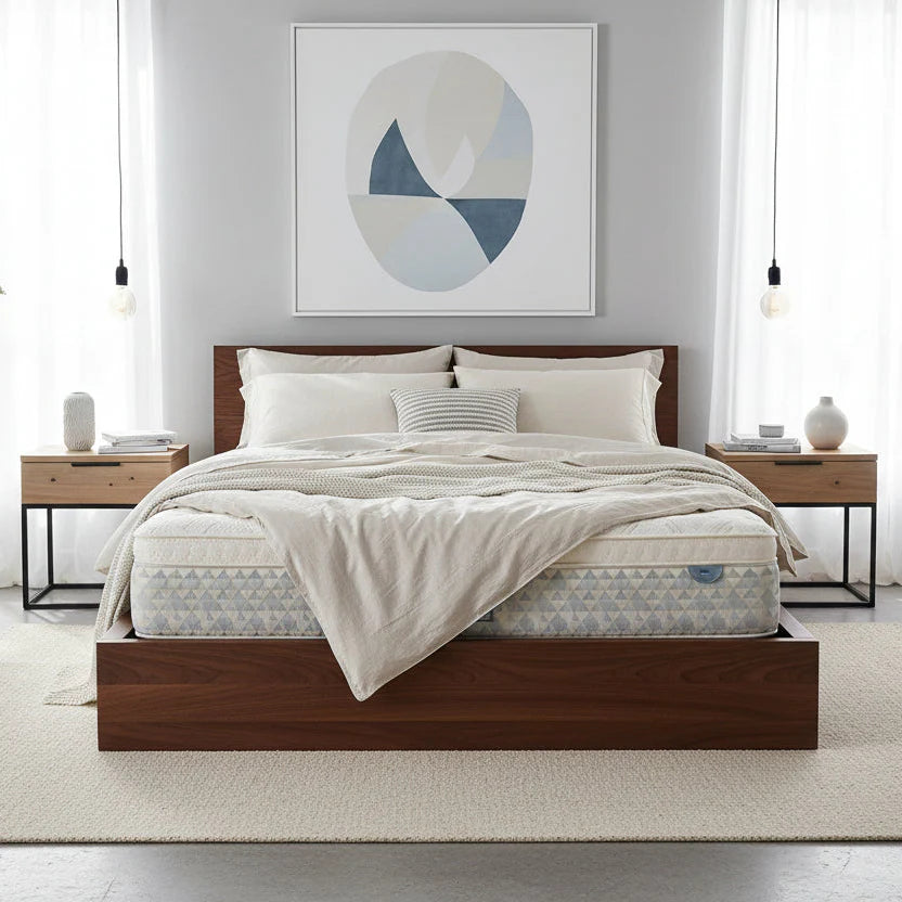 Bedroom with a Sleepyhead bed, white bedding, and abstract art on the wall.