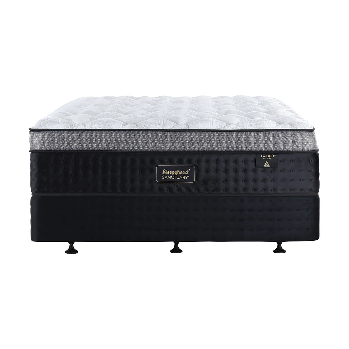 A Sleepyhead mattress on a bed frame shown from the front against a plain white background. The mattress has a white quilted top, a gray textured middle section, and a black tufted base.