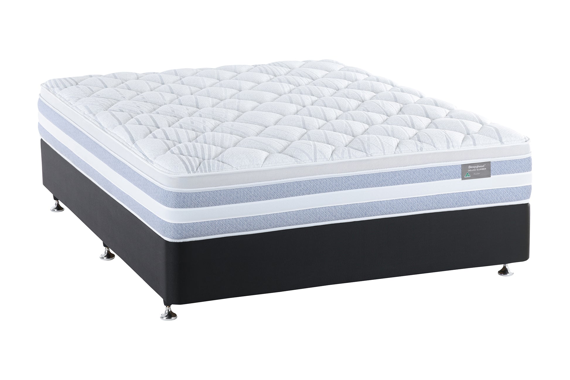 A Sleepyhead mattress on a black bed base with silver legs, featuring a white quilted mattress with light blue stripes on the side, shown against a plain white background.