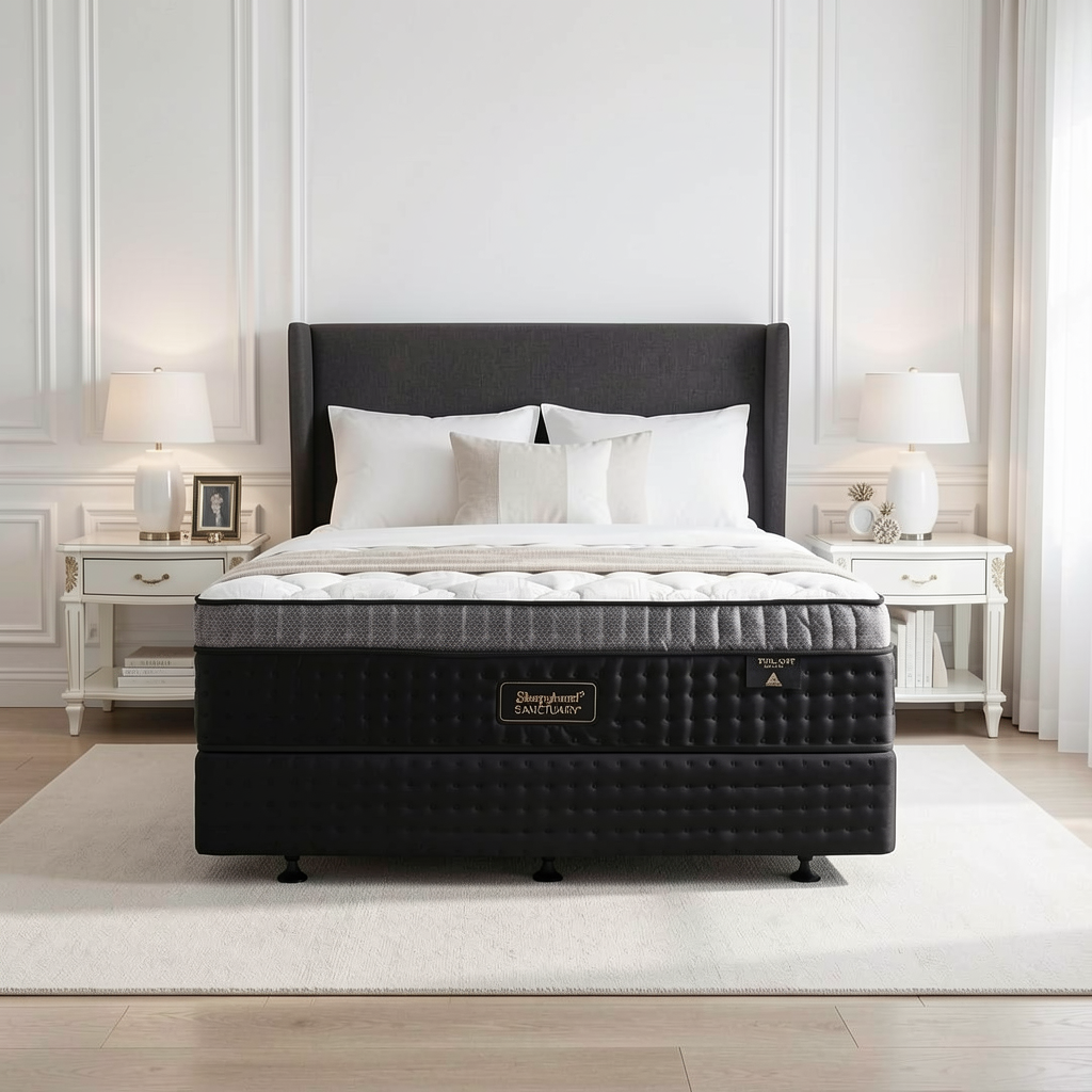 A luxury Sleepyhead bed set featuring a black tufted box spring and a dark gray upholstered headboard, styled with white bedding in a bright, modern bedroom with white paneling and bedside tables.