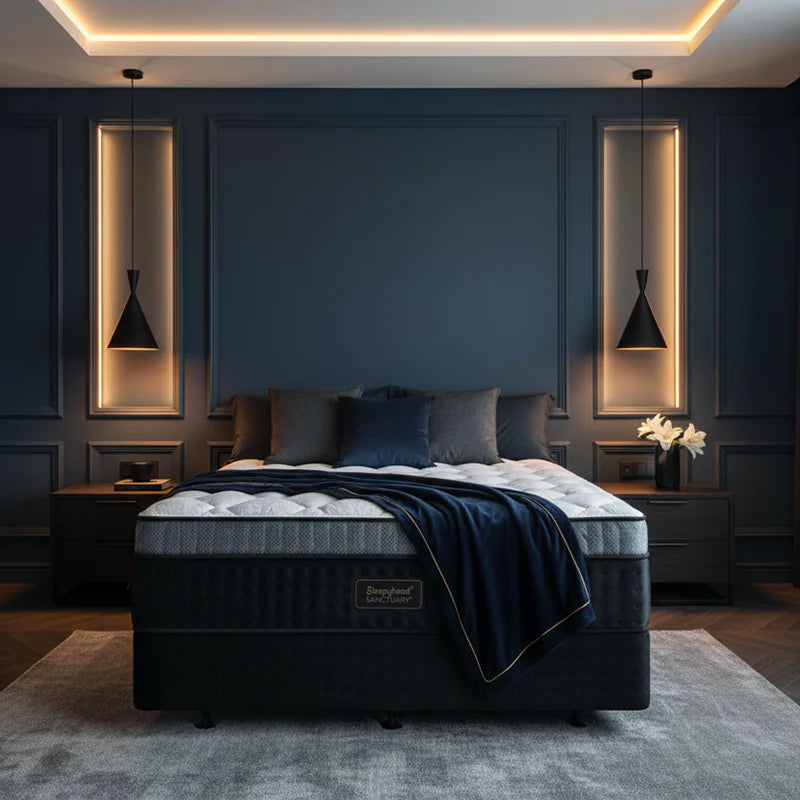 A luxury bed with a Sleepyhead mattress and dark navy bedding, styled in a modern bedroom with a dark blue paneled wall, warm wall sconces, and matching nightstands.