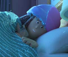 Animated character sleeping with a blue blanket