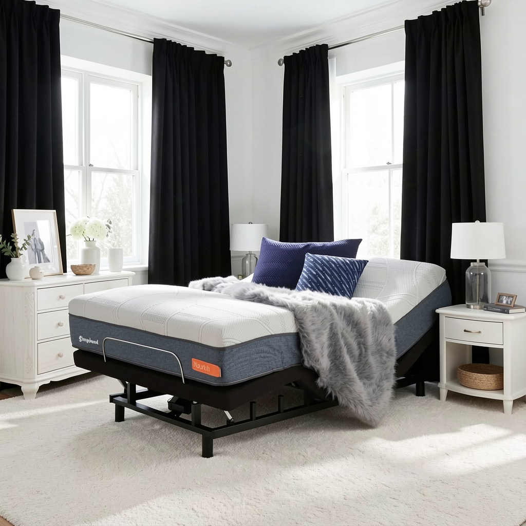 An electric adjustable bed with a Sleepyhead mattress and gray side panels, styled in a bright, modern bedroom with black curtains, white furniture, and blue accent pillows.
