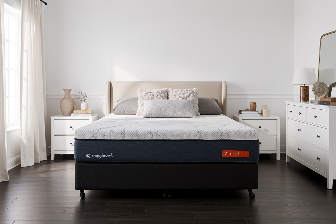 A bed with a navy and gray Sleepyhead mattress shown in a bright, modern bedroom. The mattress has a visible 'Sleepyhead' logo and an orange 'Nourish' label.