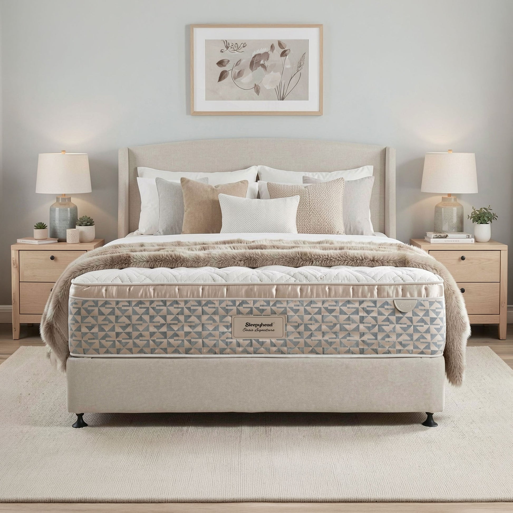 A Sleepyhead mattress on a matching upholstered bed frame, styled in a bright, modern bedroom with light wood nightstands, lamps, and a neutral floral painting on the wall.