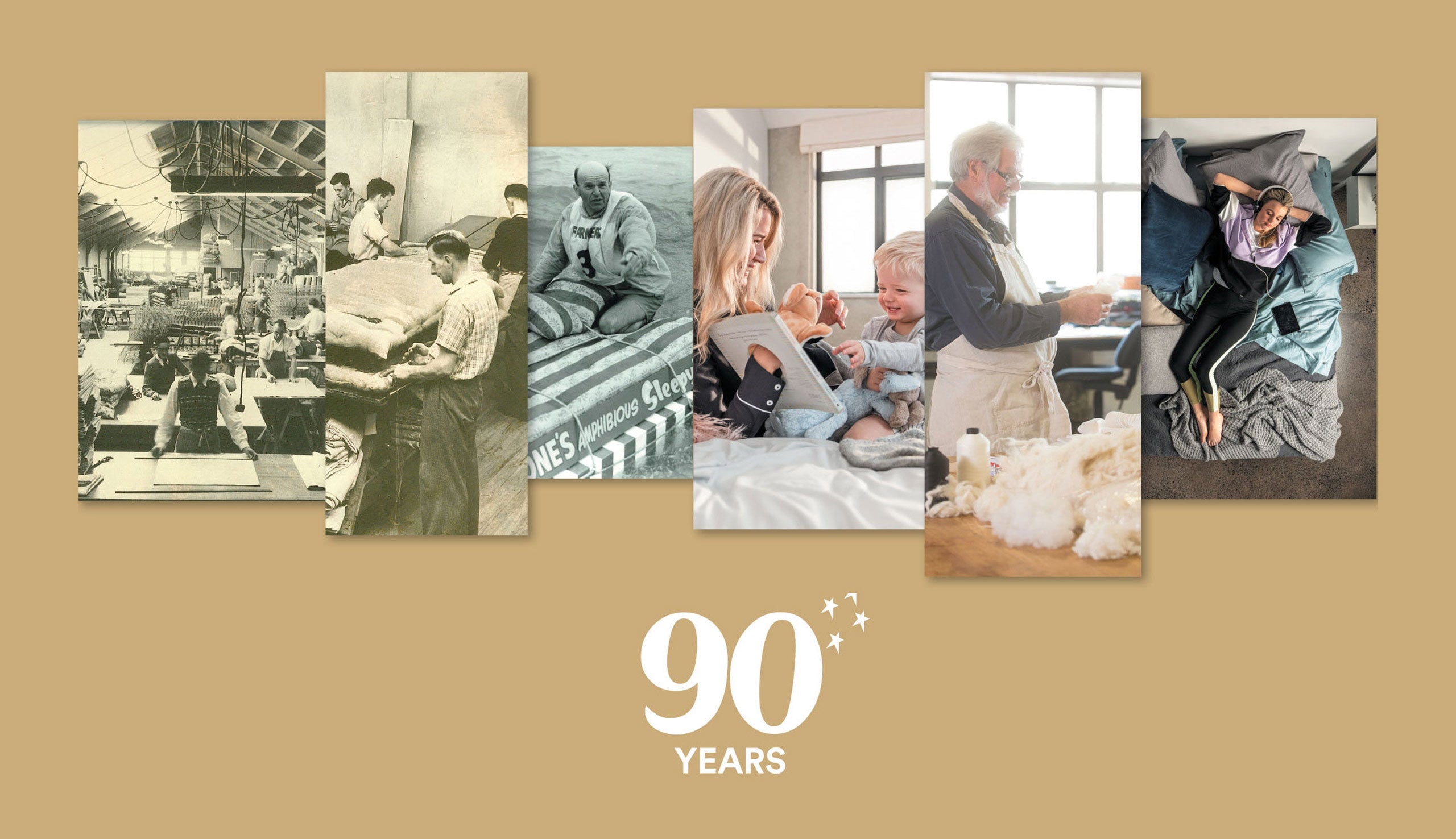 A commemorative collage of six vertical panels showing different moments in Sleepyhead's company history, with a large white '90 YEARS' logo centered below on a gold background.