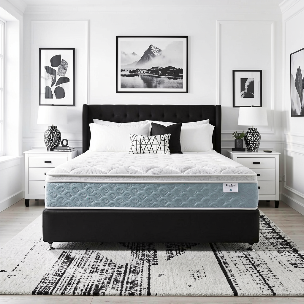 A bed with a black upholstered headboard and footboard, white mattress, and a light blue patterned mattress skirt, styled in a bright, modern bedroom with black and white wall art, nightstands, lamps, and a black-and-white rug.