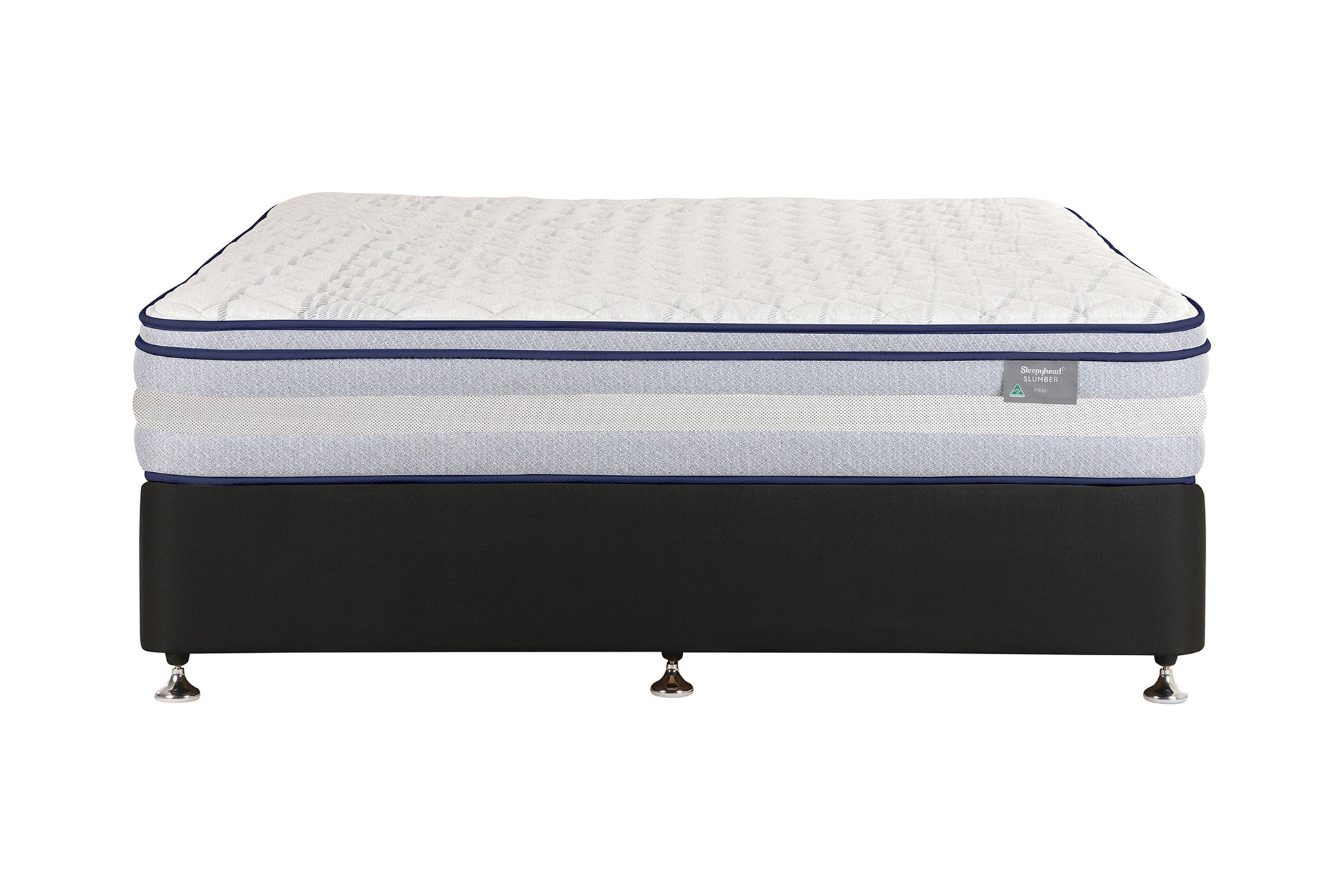 A Sleepyhead mattress on a black upholstered bed base with small metallic feet, photographed against a plain white background. The mattress has a white quilted top, blue piping accents, and a small side label.