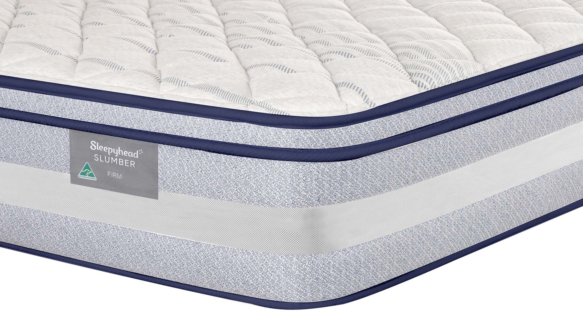 A close-up studio shot of a Sleepyhead mattress corner showing a quilted white top, a textured light gray side, and navy blue piping. A Sleepyhead Slumber label is visible on the side.