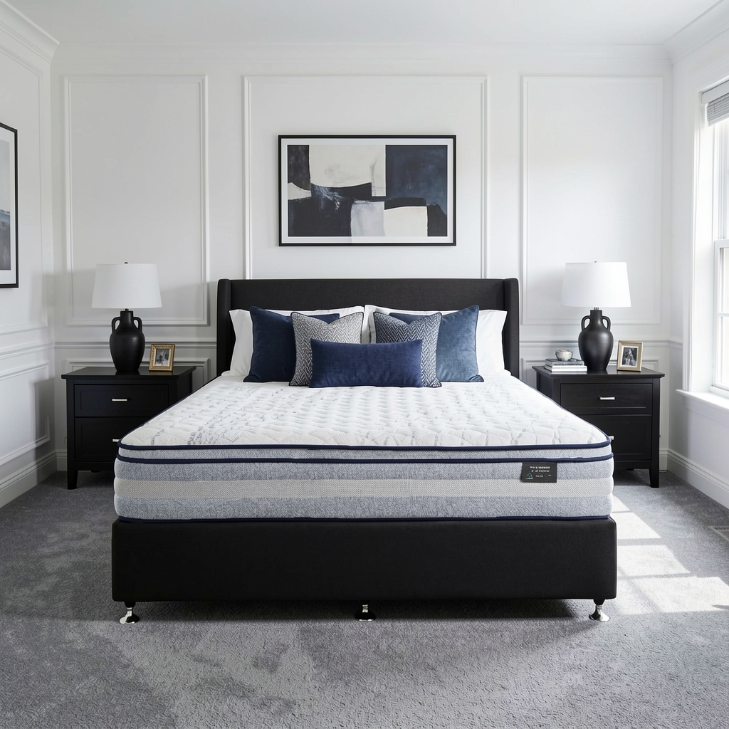 A Sleepyhead mattress on a black upholstered bed frame, styled in a bright, modern bedroom with matching black nightstands, lamps, and a gray carpet.