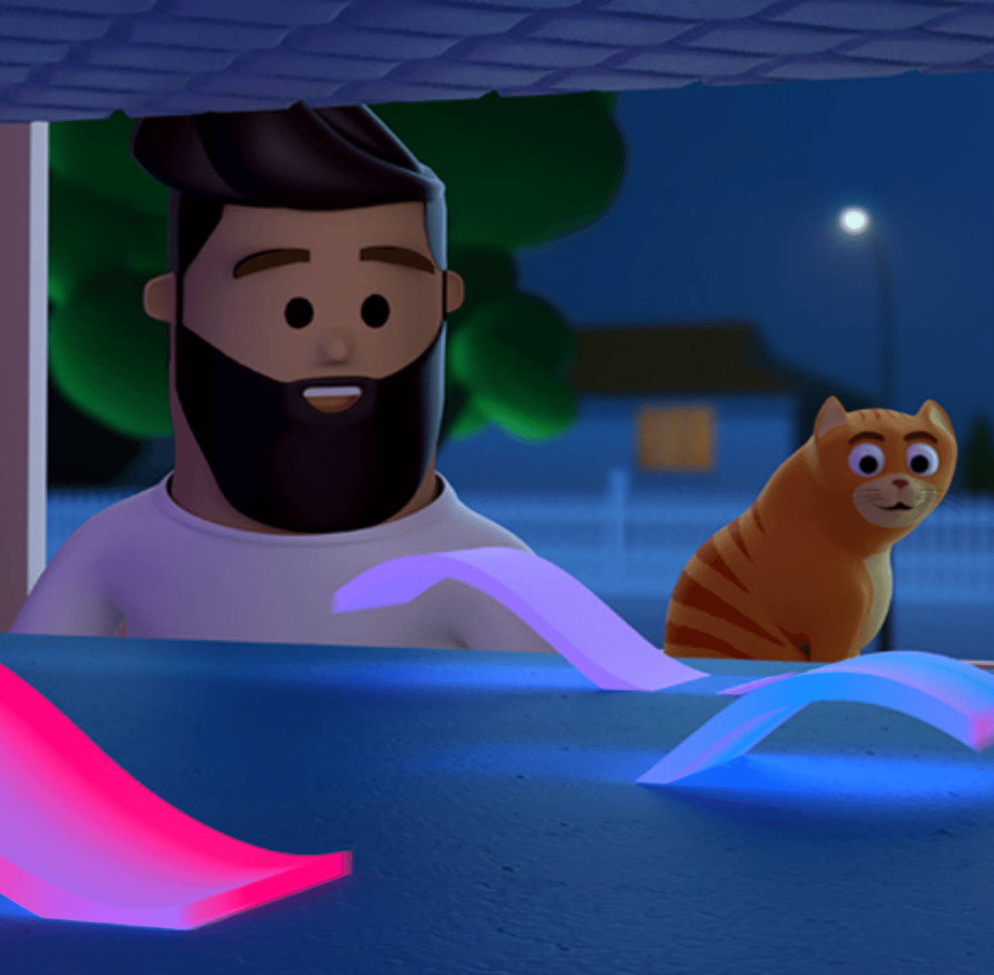 Animated character with a beard and a cat under a blue sky with a moon.