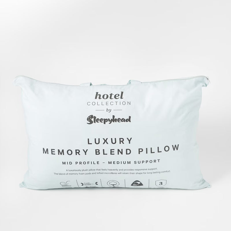Memory blend pillow with 'hotel collection by Sleepyhead' branding on a white background