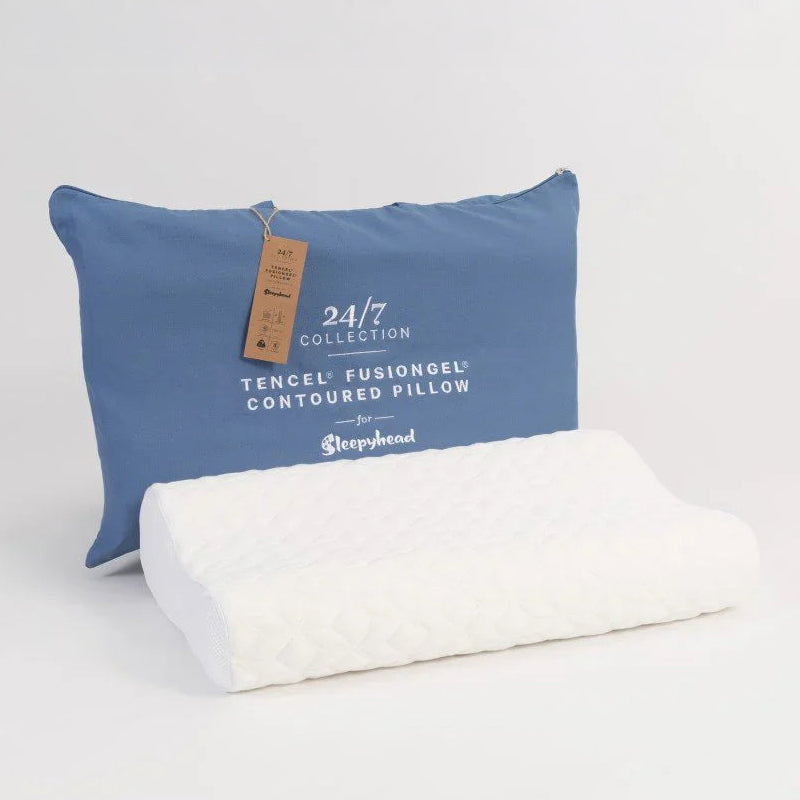 Blue Sleepyhead 24/7 pillow bag with pillow on a white background