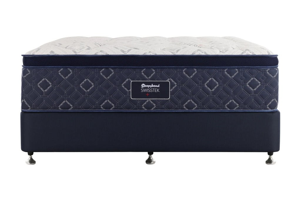 A Sleepyhead mattress on a dark navy upholstered bed base with small metal feet, shown against a plain white background.